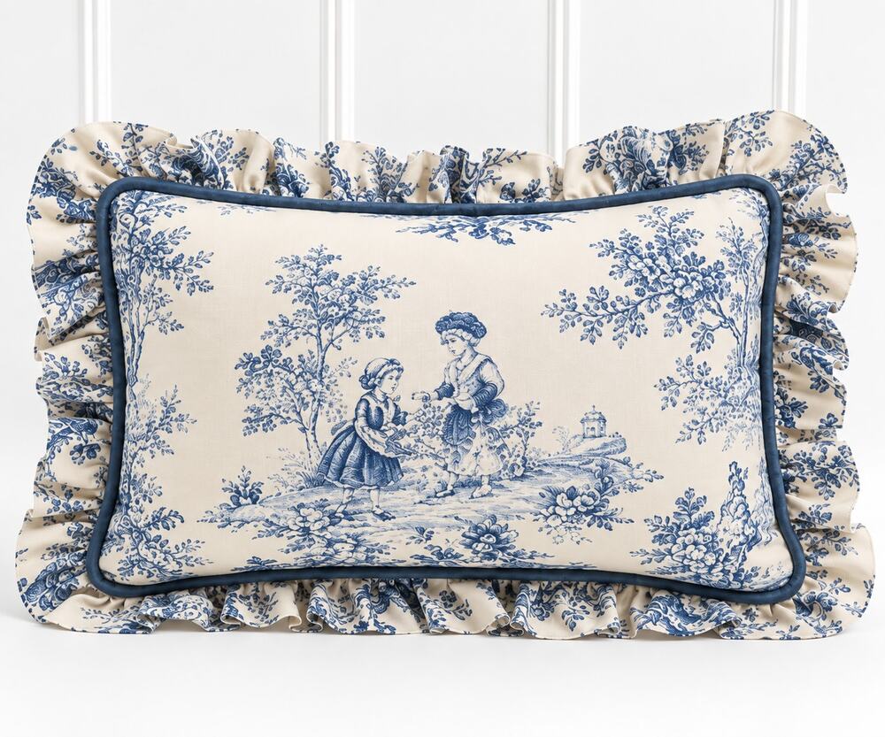 Blue White Toile Throw Pillow Ruffle French Country Cottage Accent 14x9